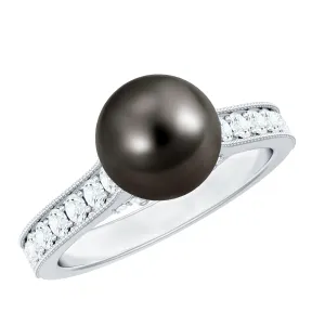Round Tahitian Pearl Solitaire Ring with Diamond Side Stones
