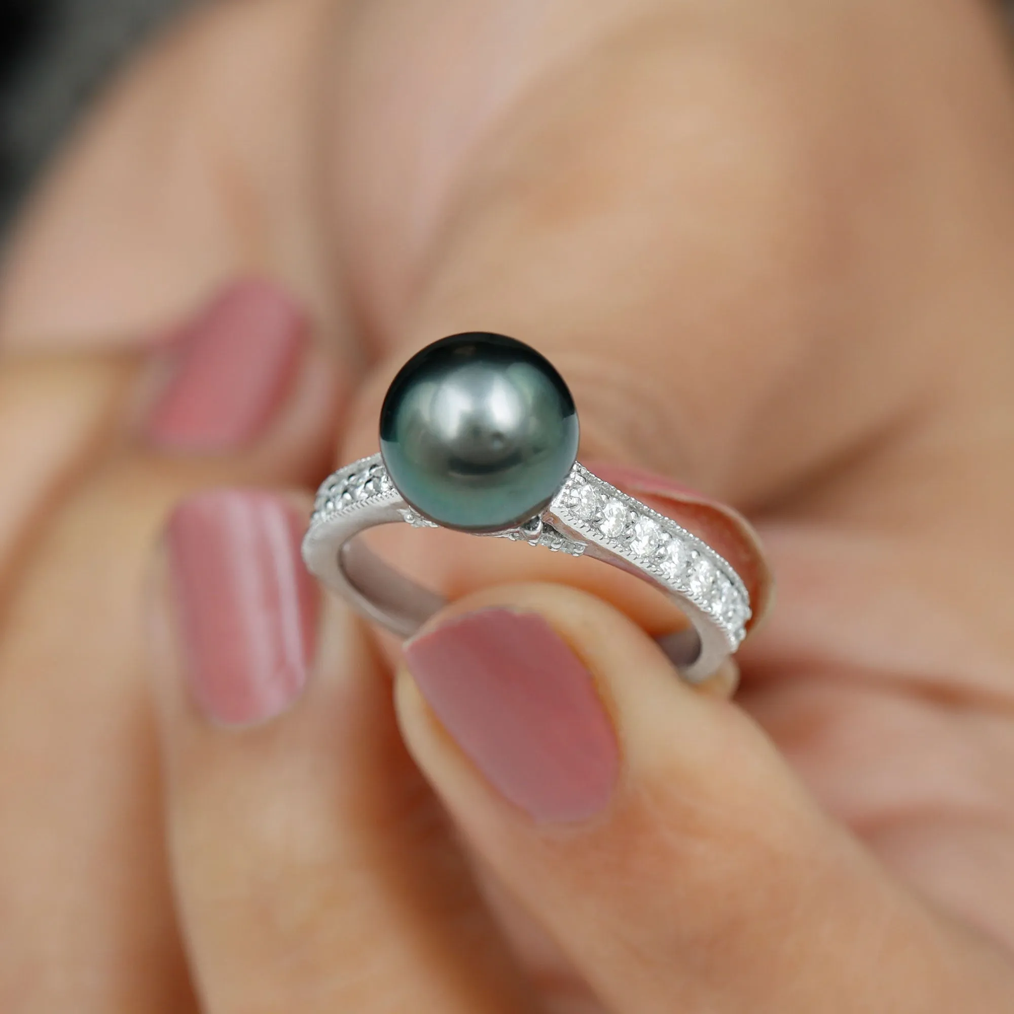 Round Tahitian Pearl Solitaire Ring with Diamond Side Stones