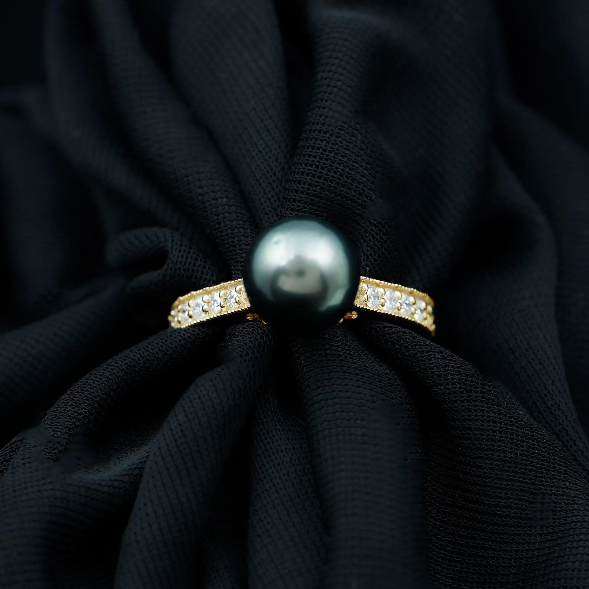Round Tahitian Pearl Solitaire Ring with Diamond Side Stones