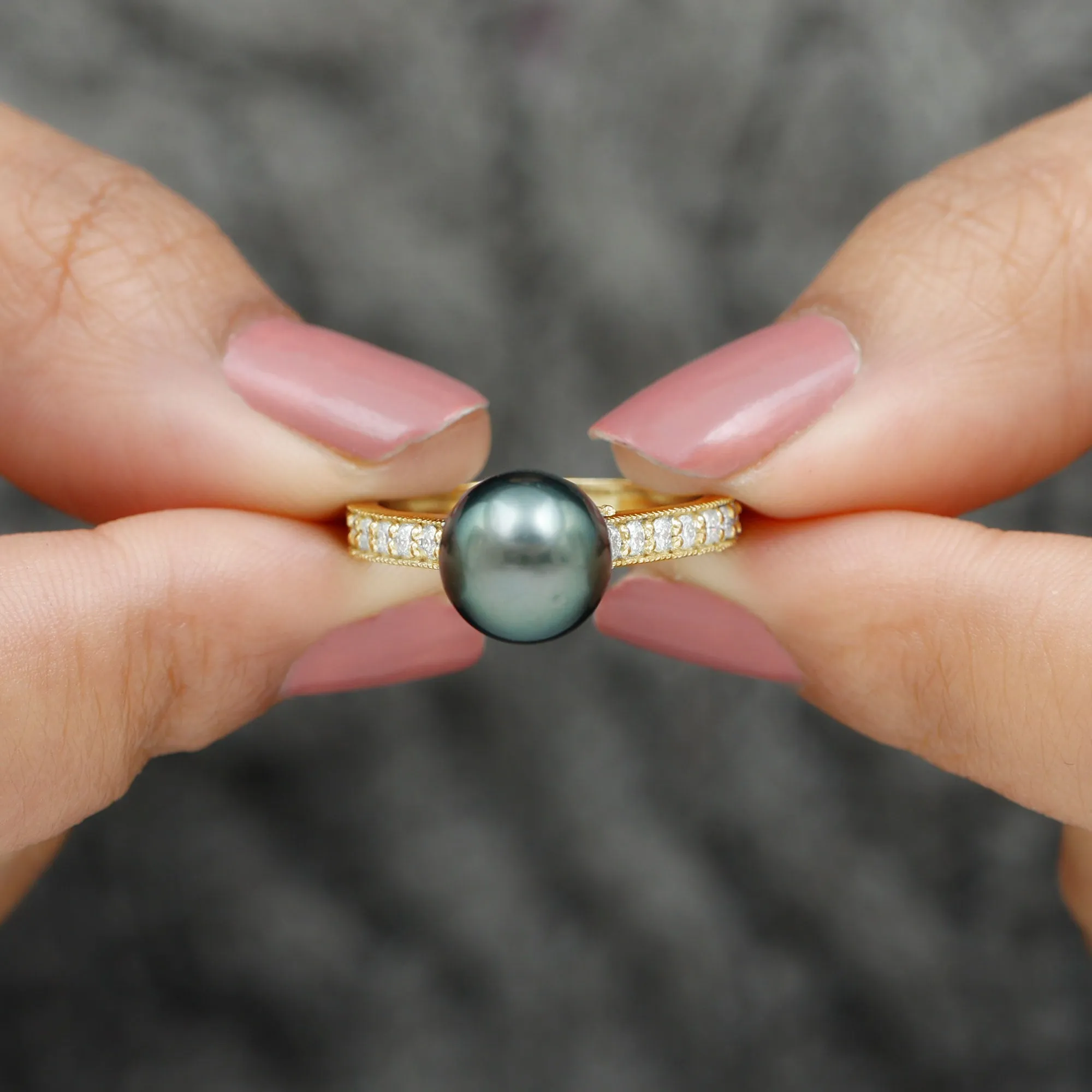 Round Tahitian Pearl Solitaire Ring with Diamond Side Stones
