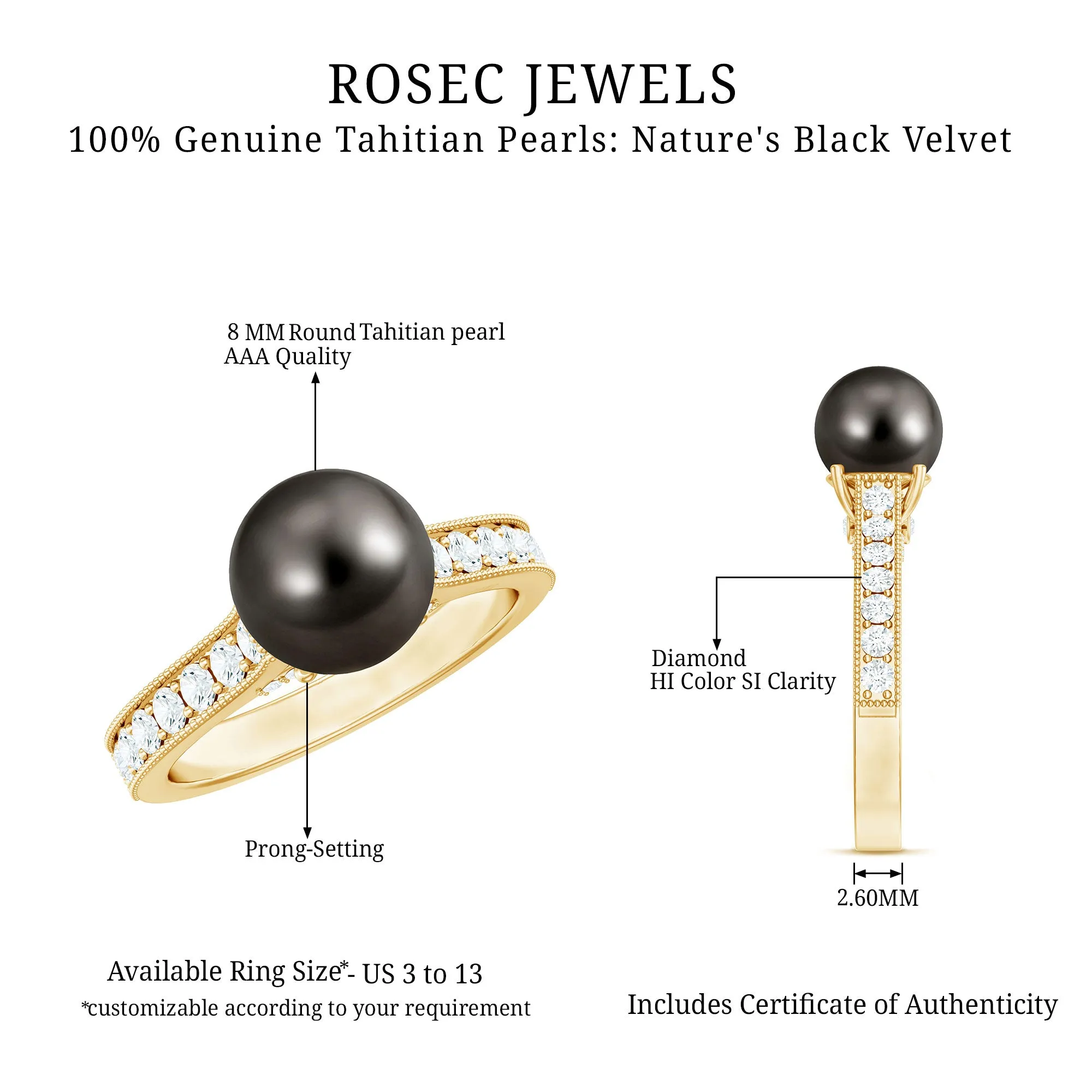 Round Tahitian Pearl Solitaire Ring with Diamond Side Stones
