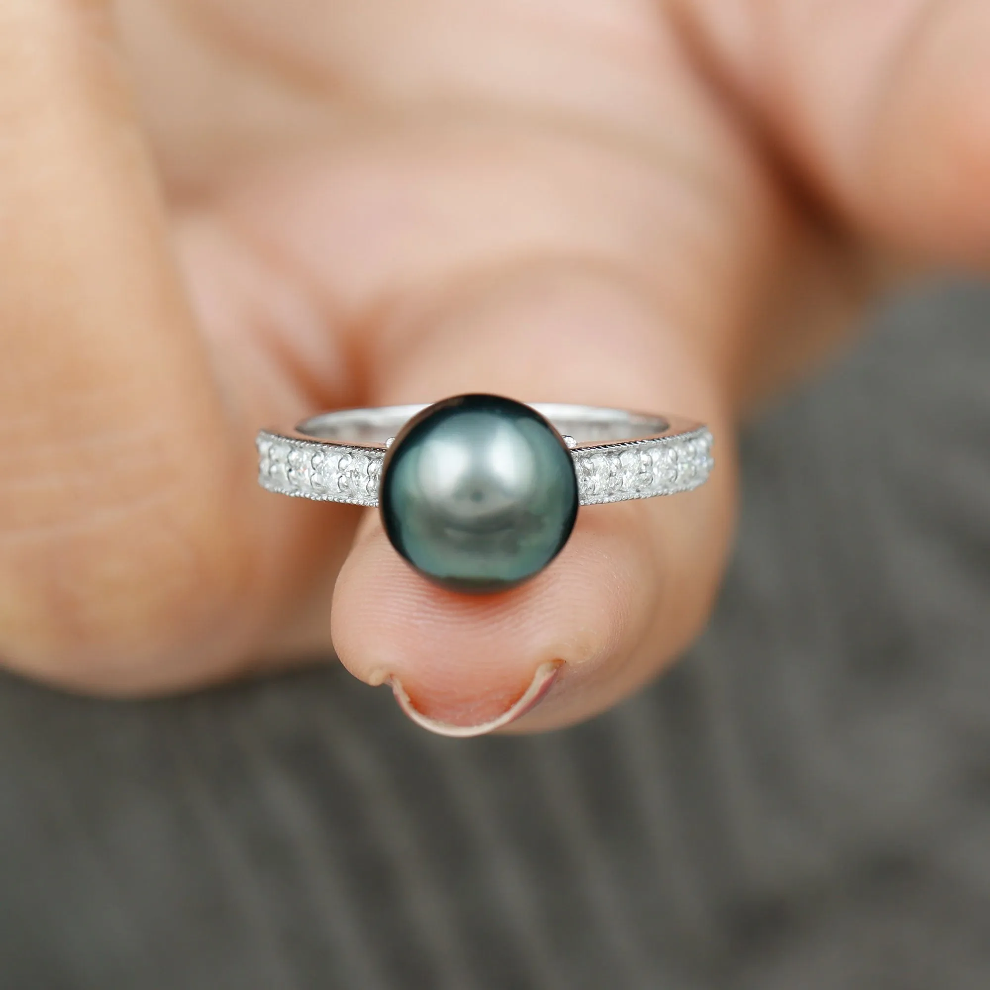 Round Tahitian Pearl Solitaire Ring with Diamond Side Stones