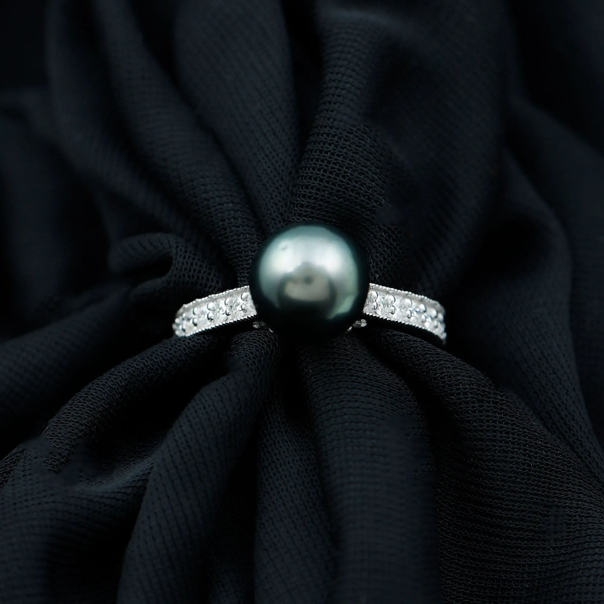 Round Tahitian Pearl Solitaire Ring with Diamond Side Stones