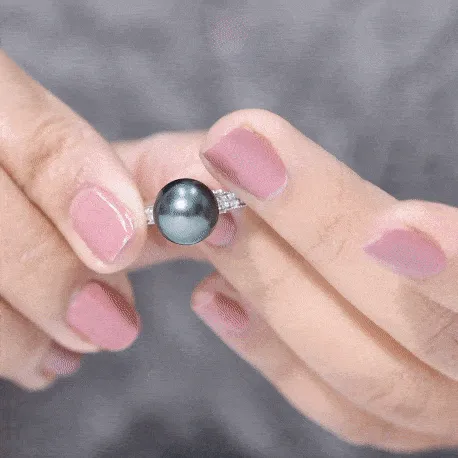 Round Tahitian Pearl Solitaire Ring with Diamond Side Stones