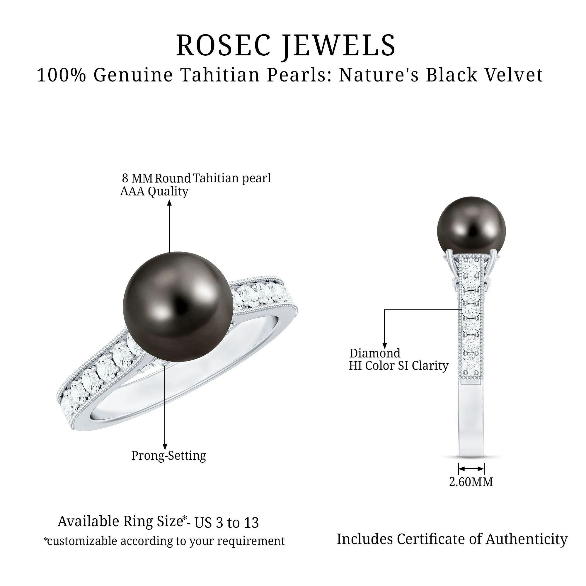 Round Tahitian Pearl Solitaire Ring with Diamond Side Stones