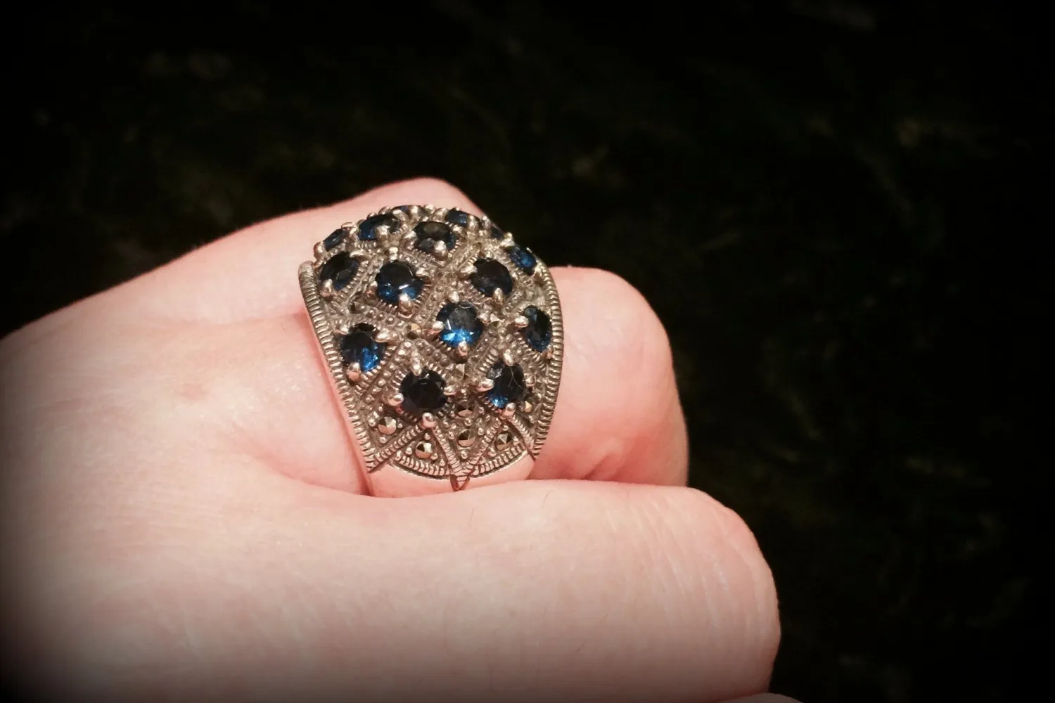 Sapphire Blue Dots ring with  Silver Marcasite