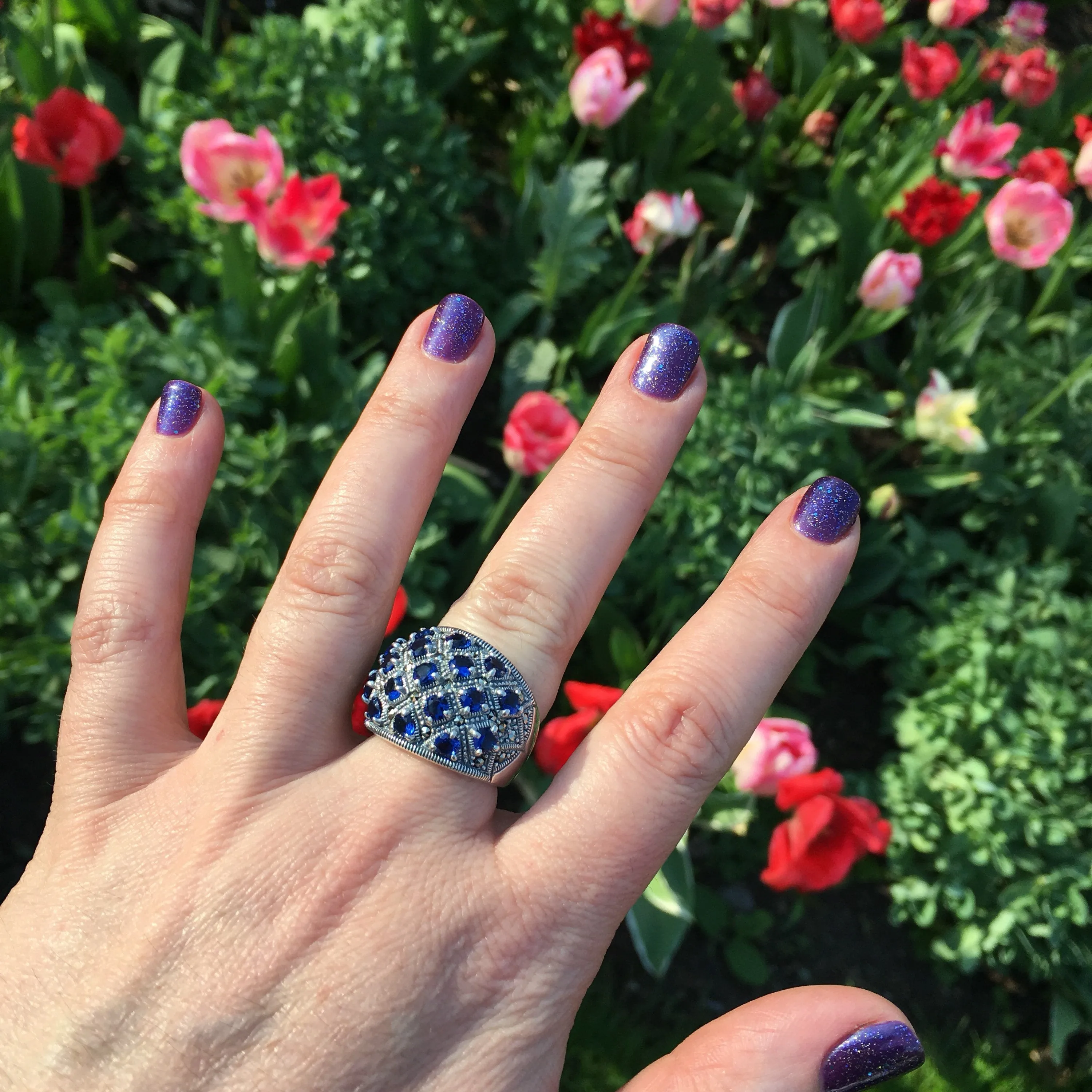 Sapphire Blue Dots ring with  Silver Marcasite