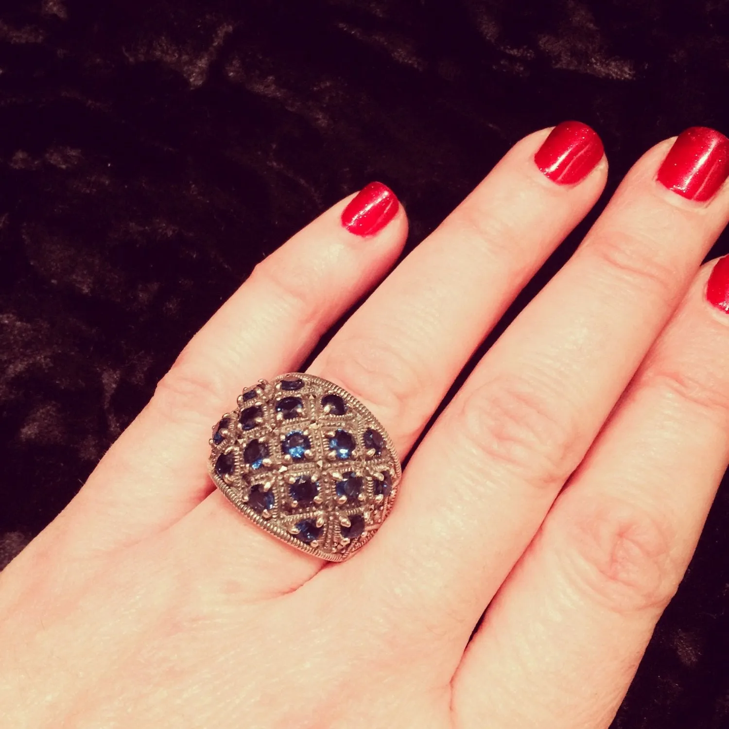 Sapphire Blue Dots ring with  Silver Marcasite