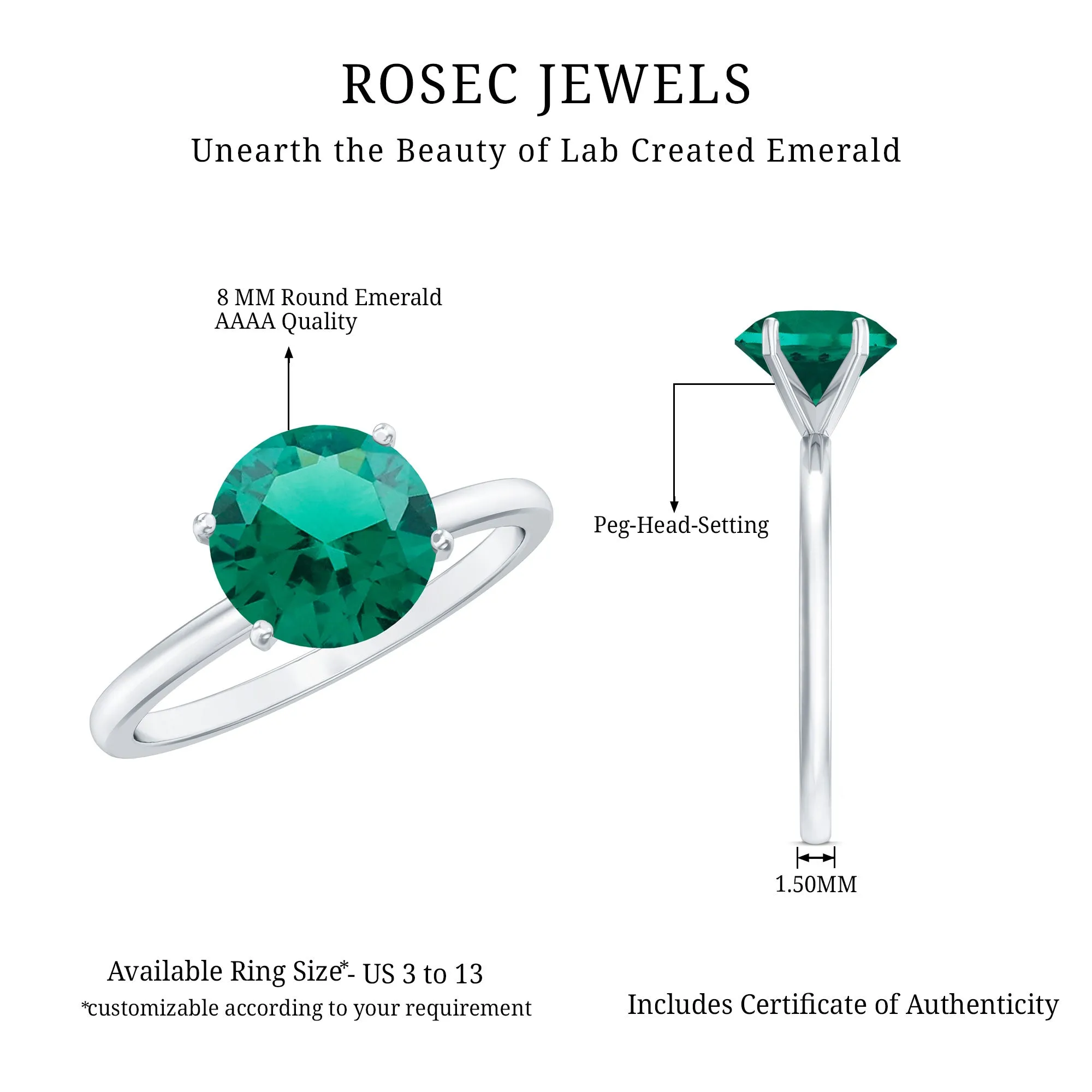 Simple Round Lab Grown Emerald Solitaire Ring