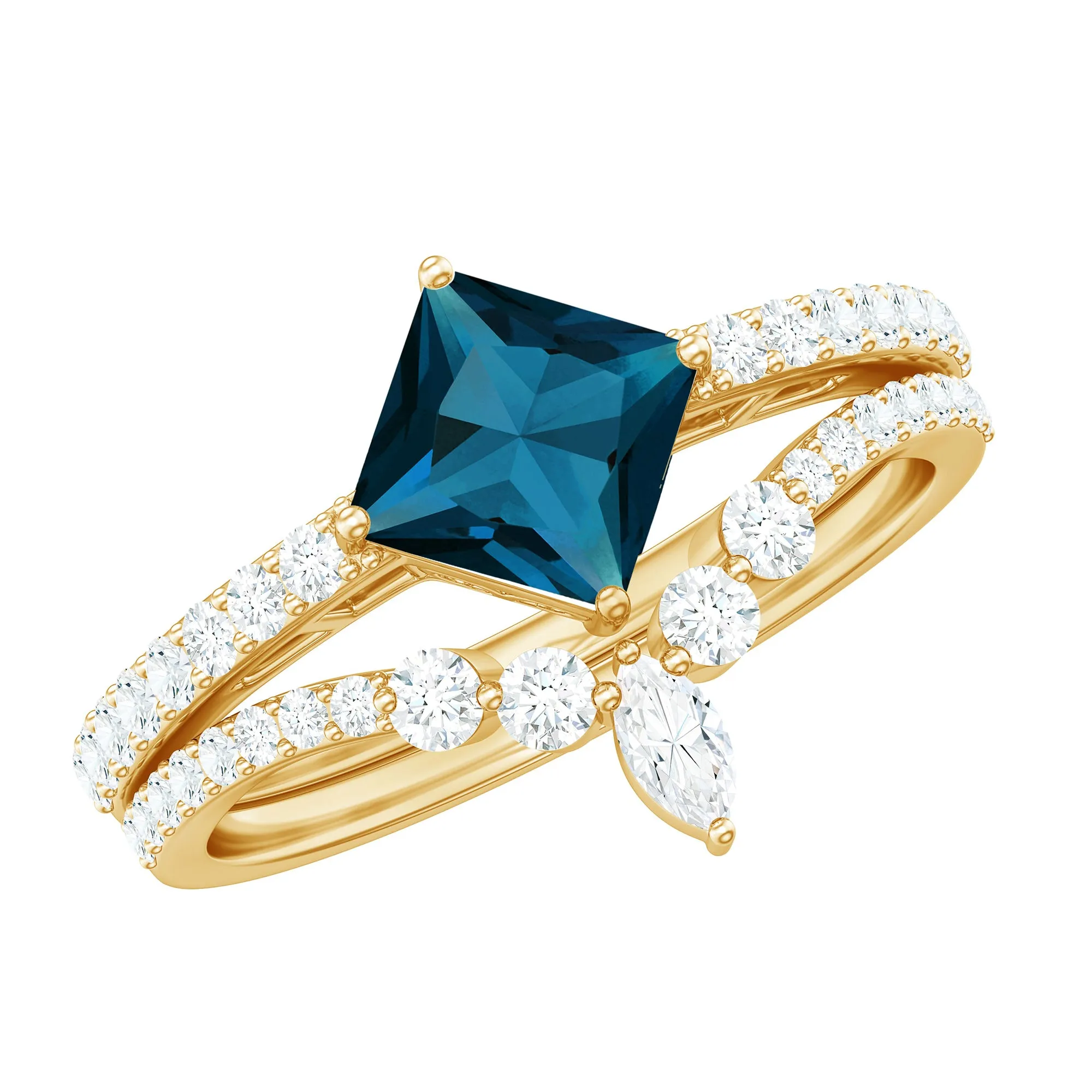 Solitaire London Blue Topaz Designer Ring Set with Diamond