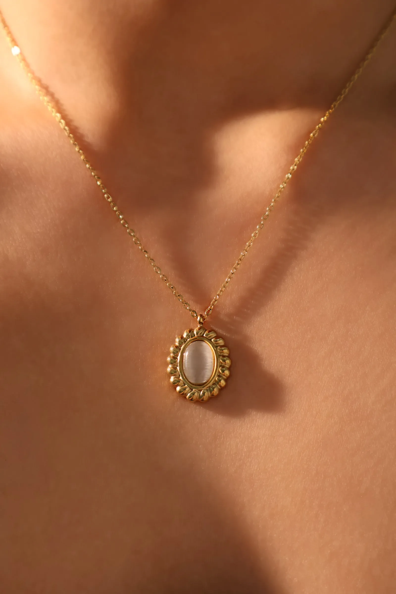 Stainless Steel White Opal Pendant Necklace