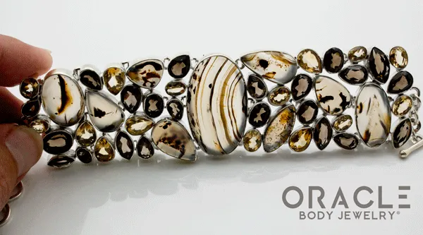 Sterling Silver Montana Agate Bracelet with Faceted Citrine and Smoky Quartz Accents