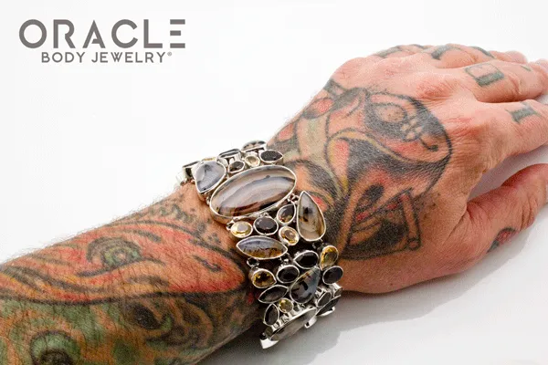 Sterling Silver Montana Agate Bracelet with Faceted Citrine and Smoky Quartz Accents