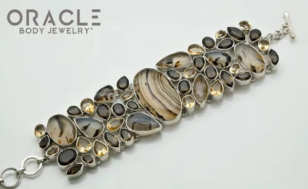 Sterling Silver Montana Agate Bracelet with Faceted Citrine and Smoky Quartz Accents