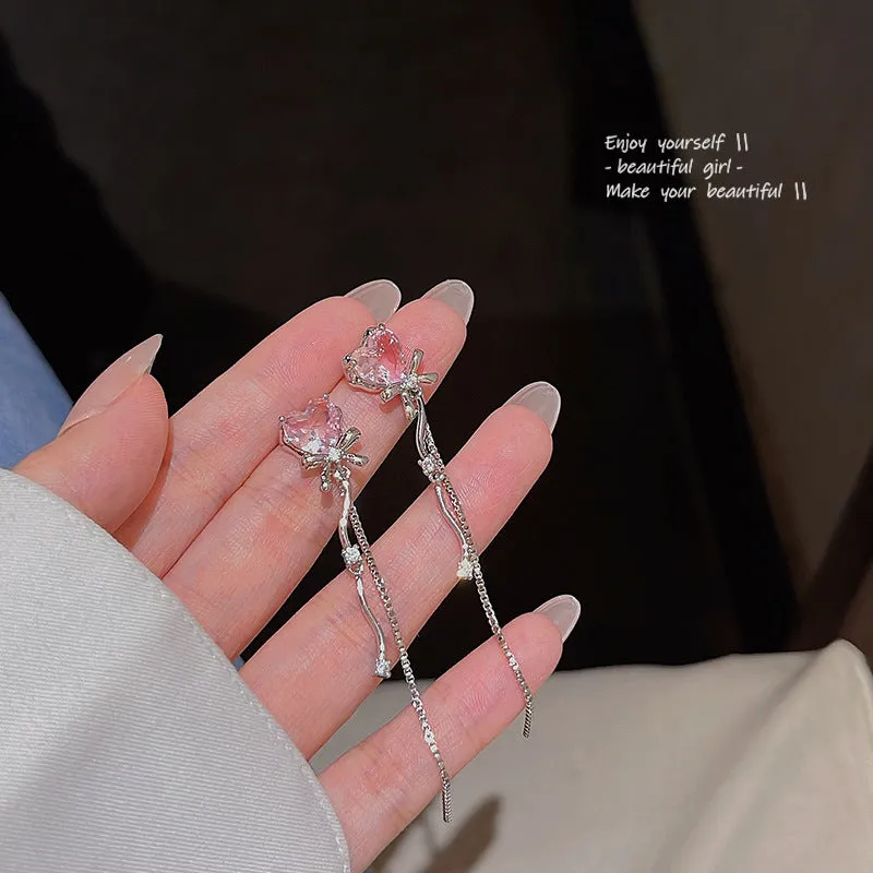 Sterling Silver Needle Sweet Cute Zircon Long Heart Tassel Bow Earrings