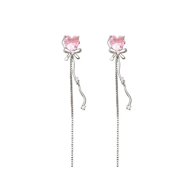Sterling Silver Needle Sweet Cute Zircon Long Heart Tassel Bow Earrings