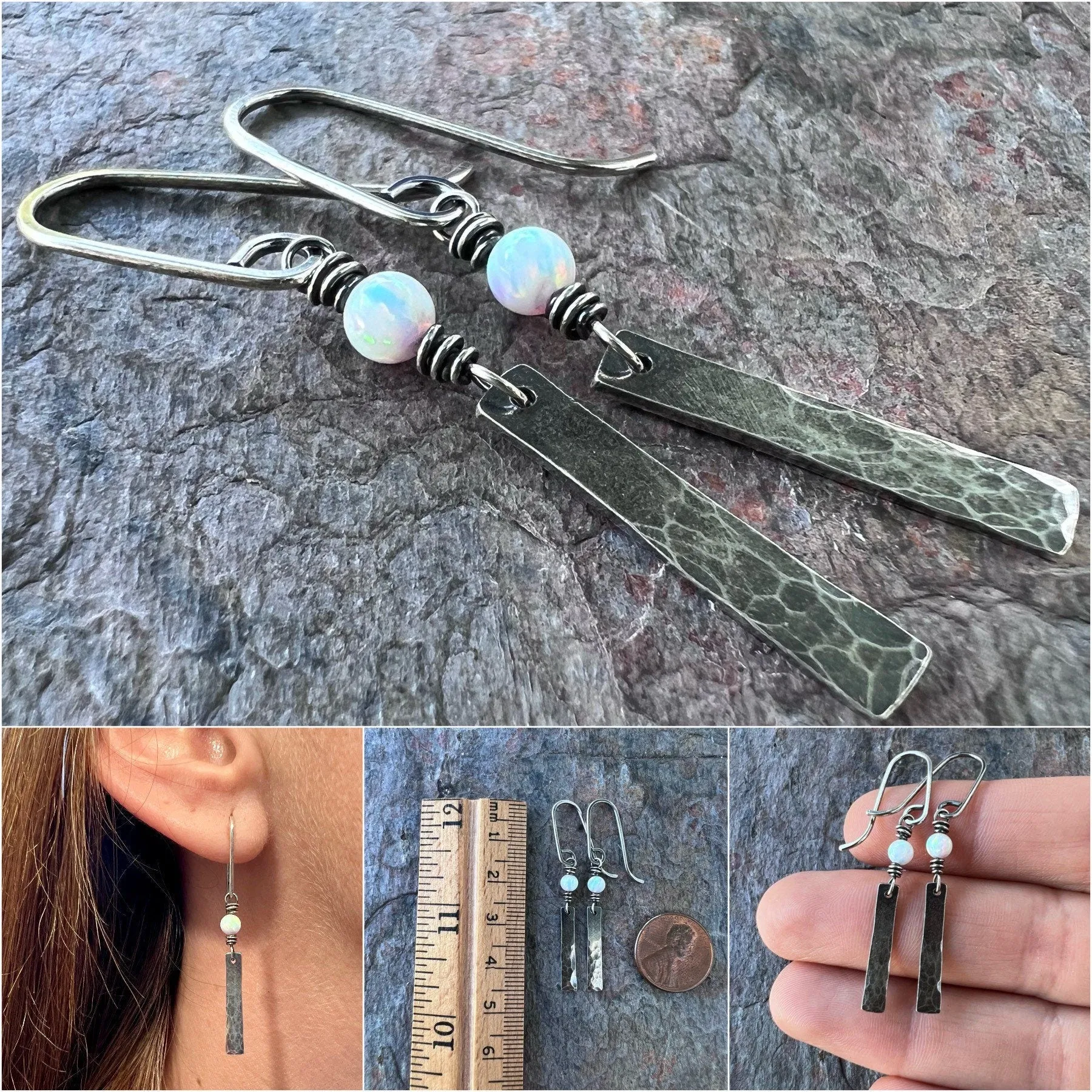 Sterling Silver Opal Earrings - Simulated Opal and Hammered Bar Dangle Earrings