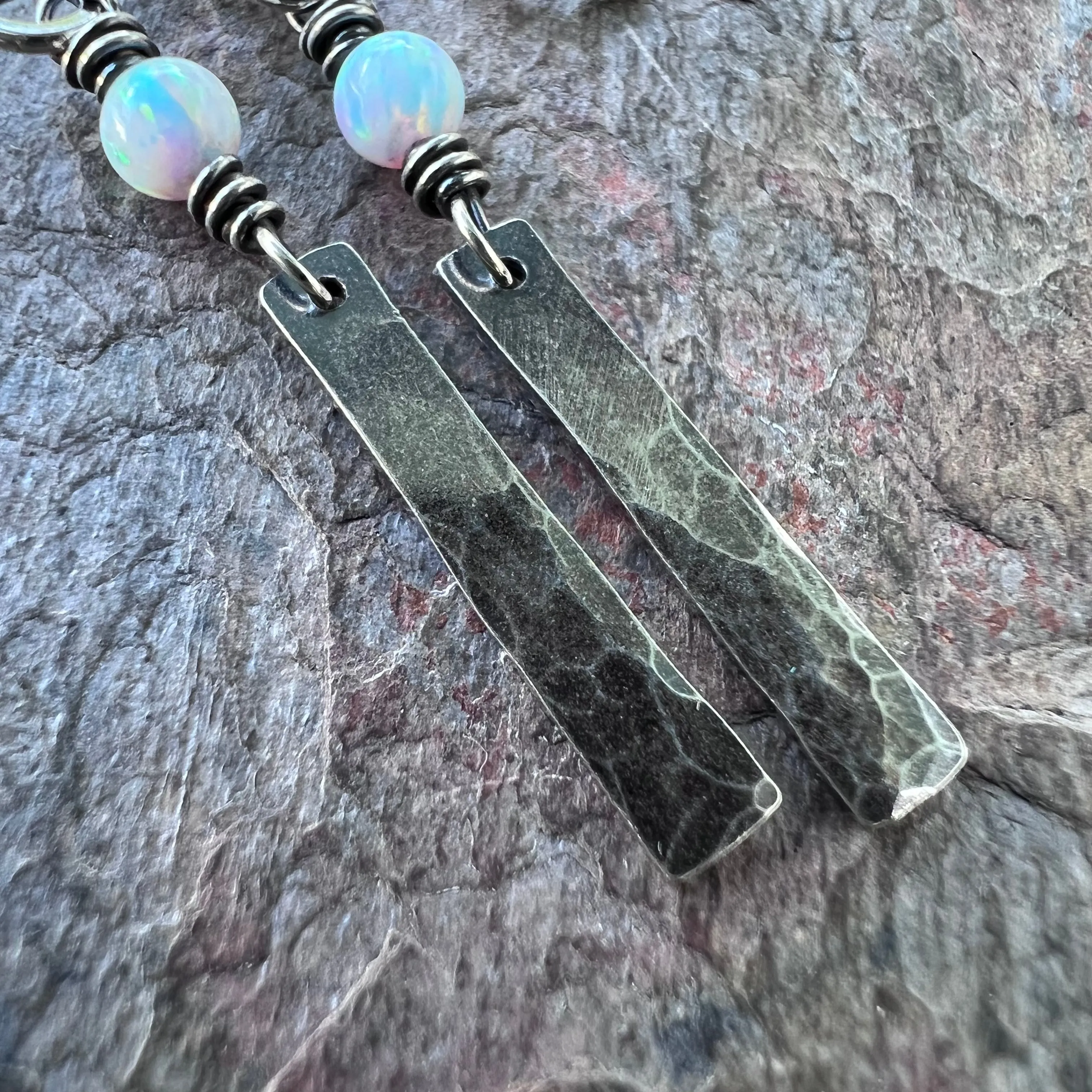 Sterling Silver Opal Earrings - Simulated Opal and Hammered Bar Dangle Earrings