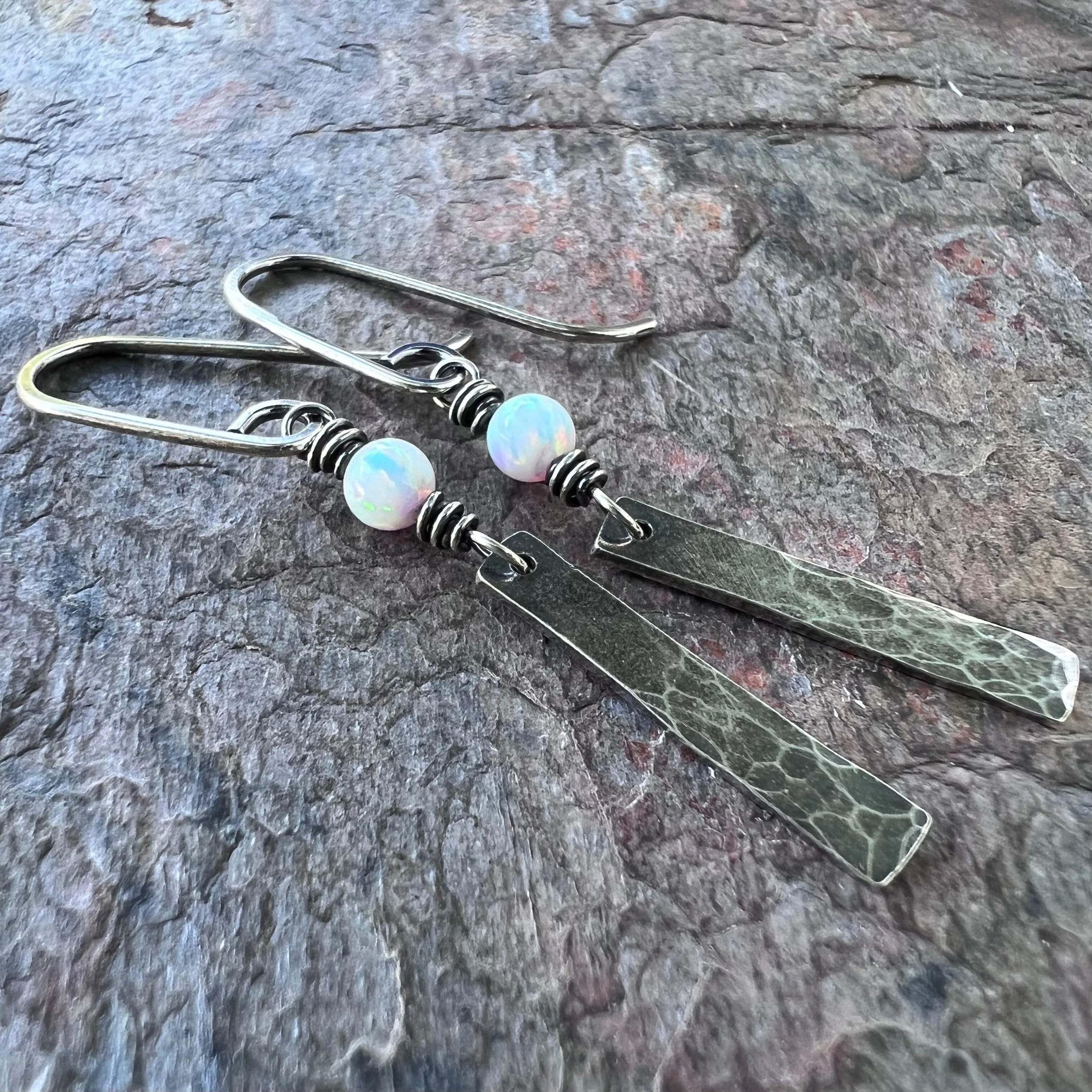 Sterling Silver Opal Earrings - Simulated Opal and Hammered Bar Dangle Earrings
