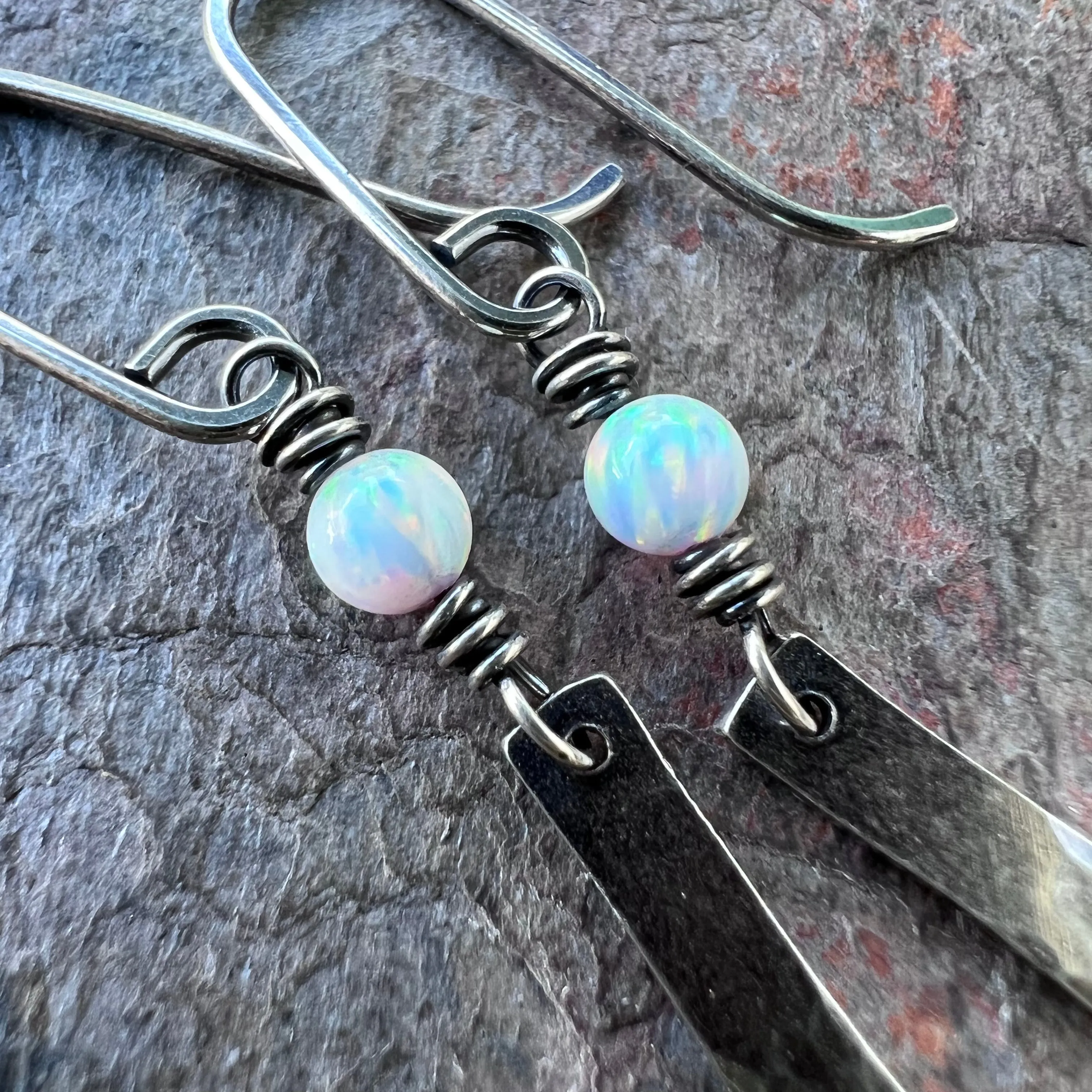 Sterling Silver Opal Earrings - Simulated Opal and Hammered Bar Dangle Earrings