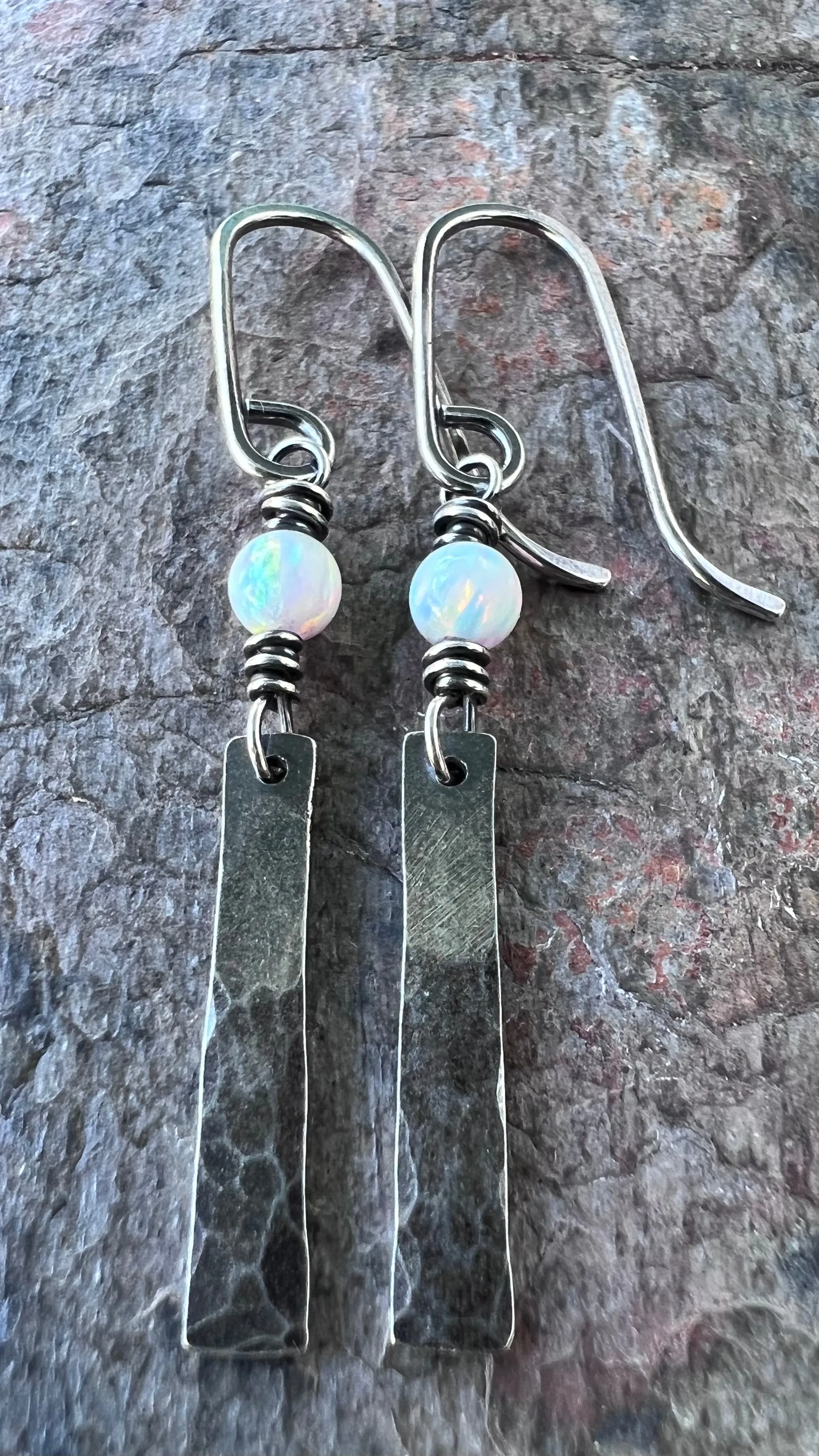 Sterling Silver Opal Earrings - Simulated Opal and Hammered Bar Dangle Earrings