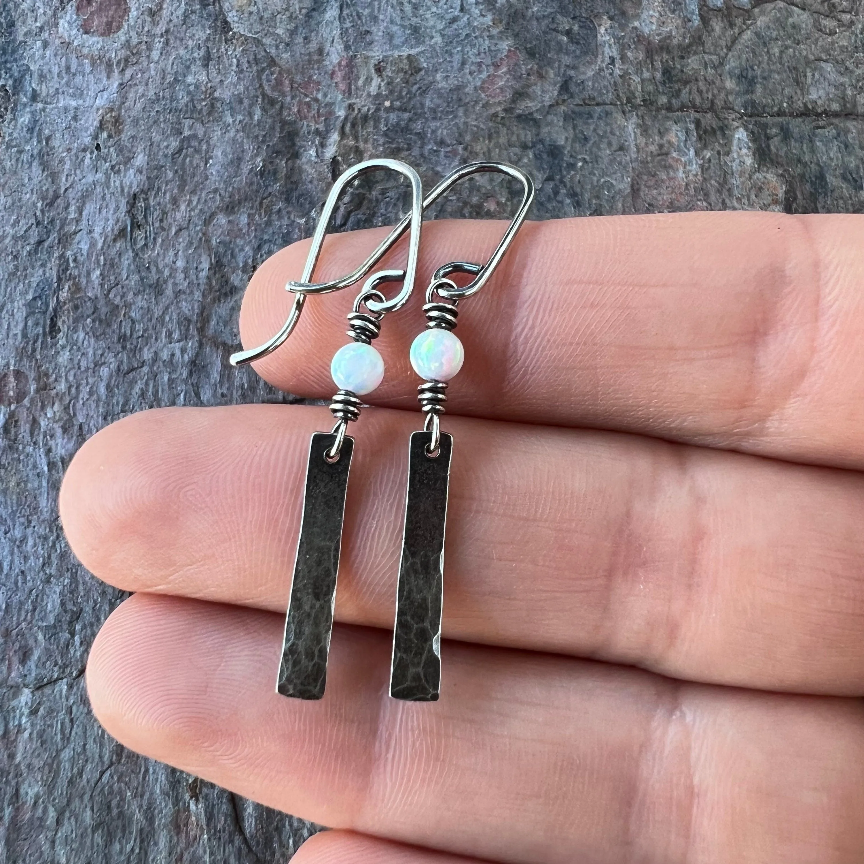 Sterling Silver Opal Earrings - Simulated Opal and Hammered Bar Dangle Earrings