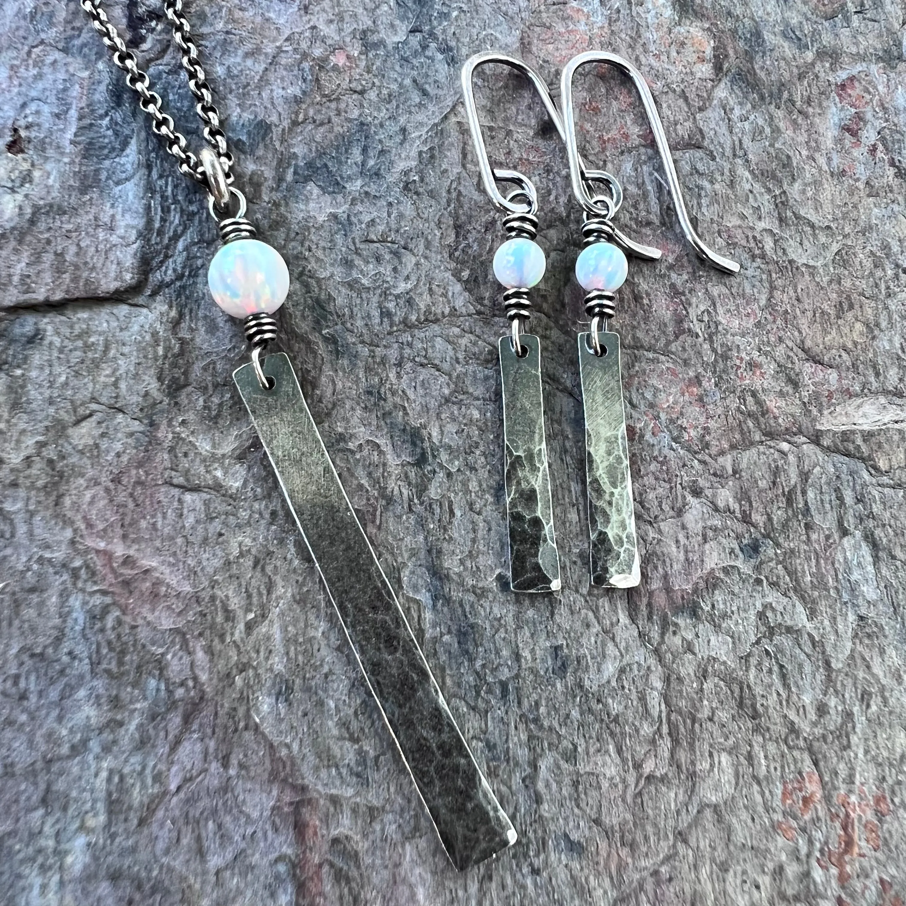 Sterling Silver Opal Earrings - Simulated Opal and Hammered Bar Dangle Earrings