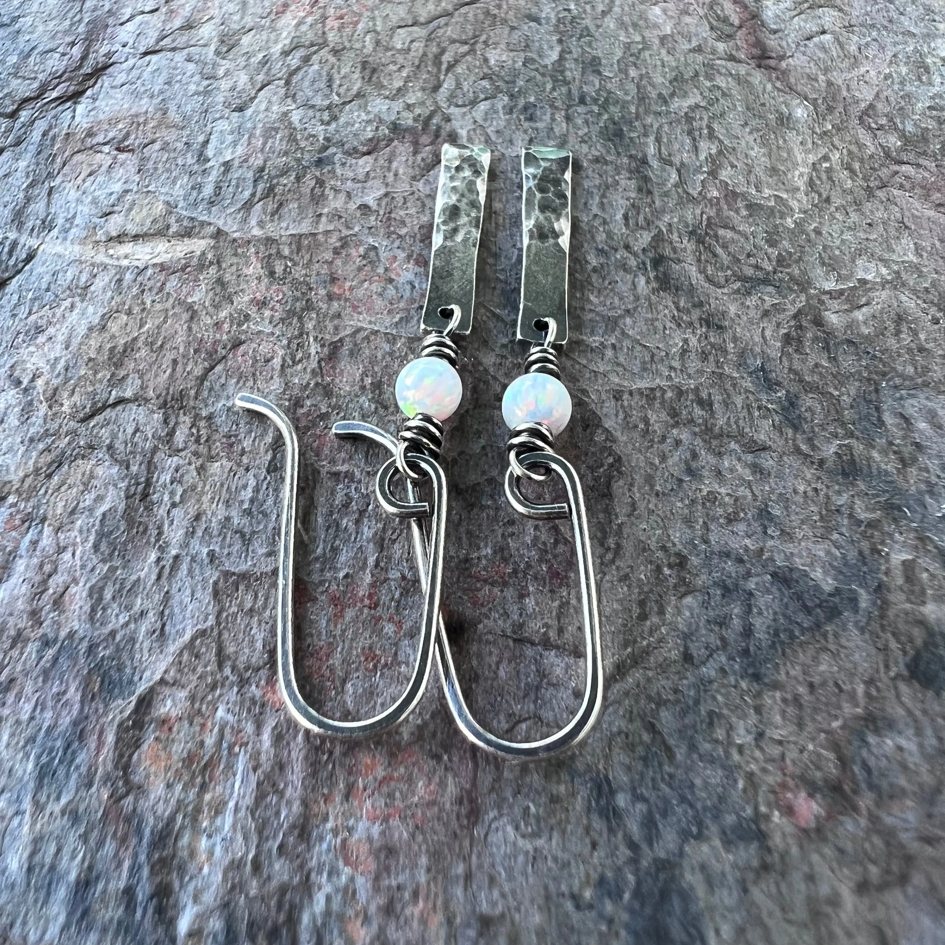 Sterling Silver Opal Earrings - Simulated Opal and Hammered Bar Dangle Earrings