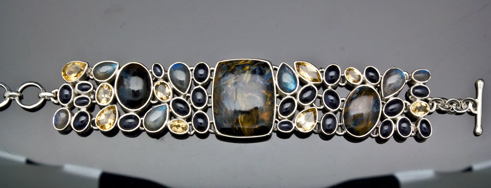 Sterling Silver Pietersite Bracelet with Labradorite, Citrine, Iolite Accents