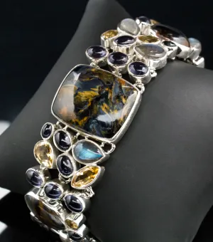 Sterling Silver Pietersite Bracelet with Labradorite, Citrine, Iolite Accents