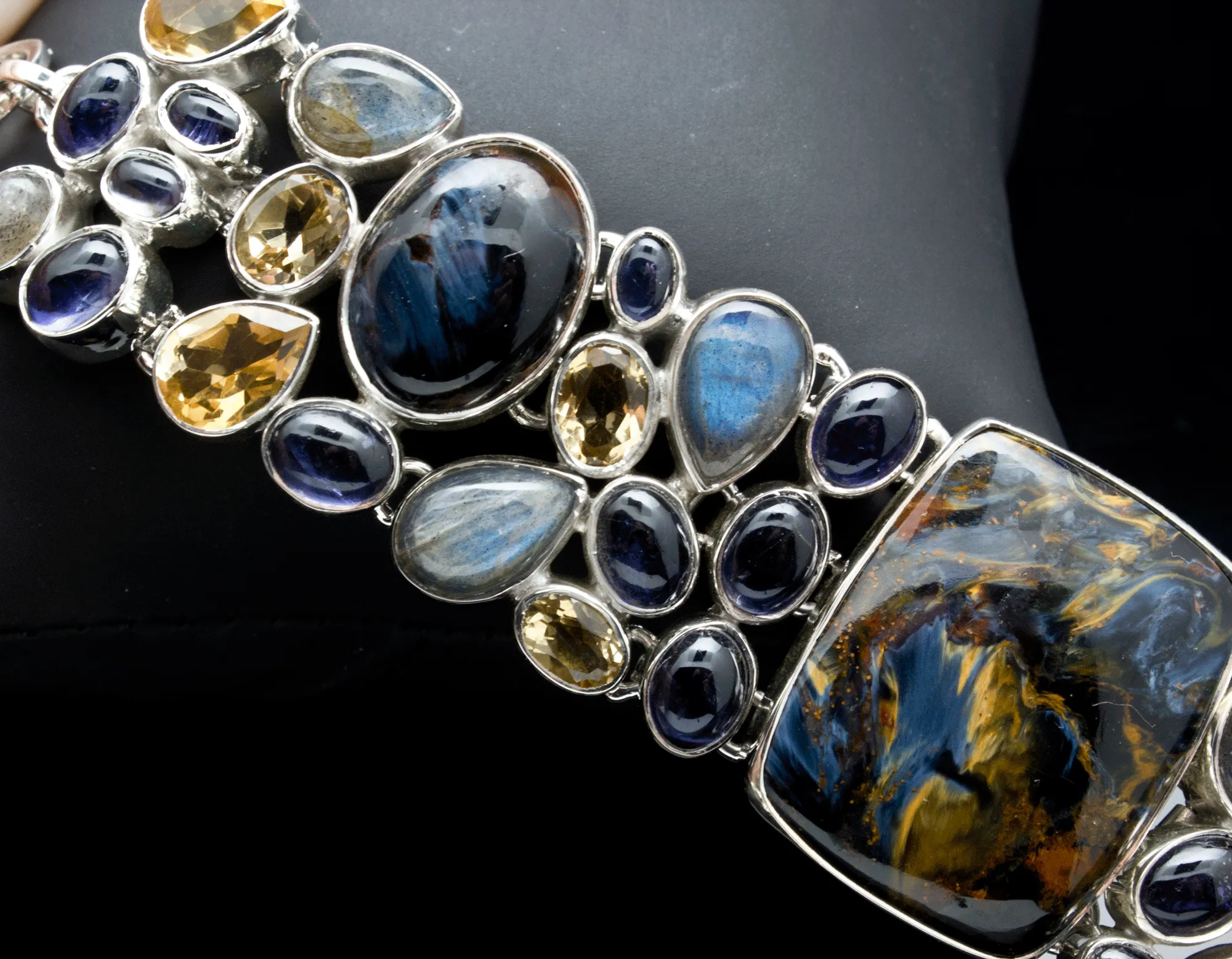 Sterling Silver Pietersite Bracelet with Labradorite, Citrine, Iolite Accents