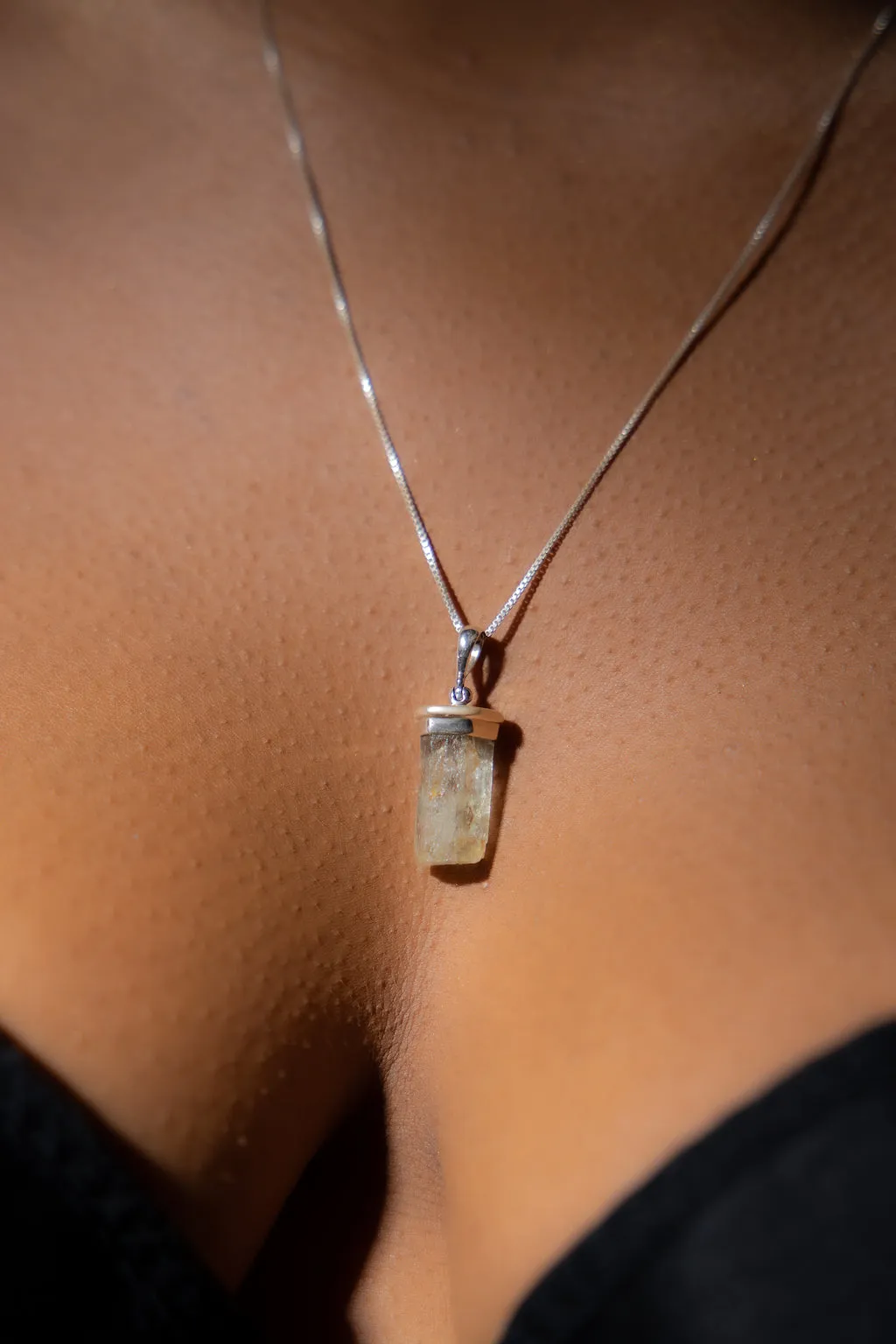 Sterling Silver Raw Hiddenite Gemstone Pendant Necklace