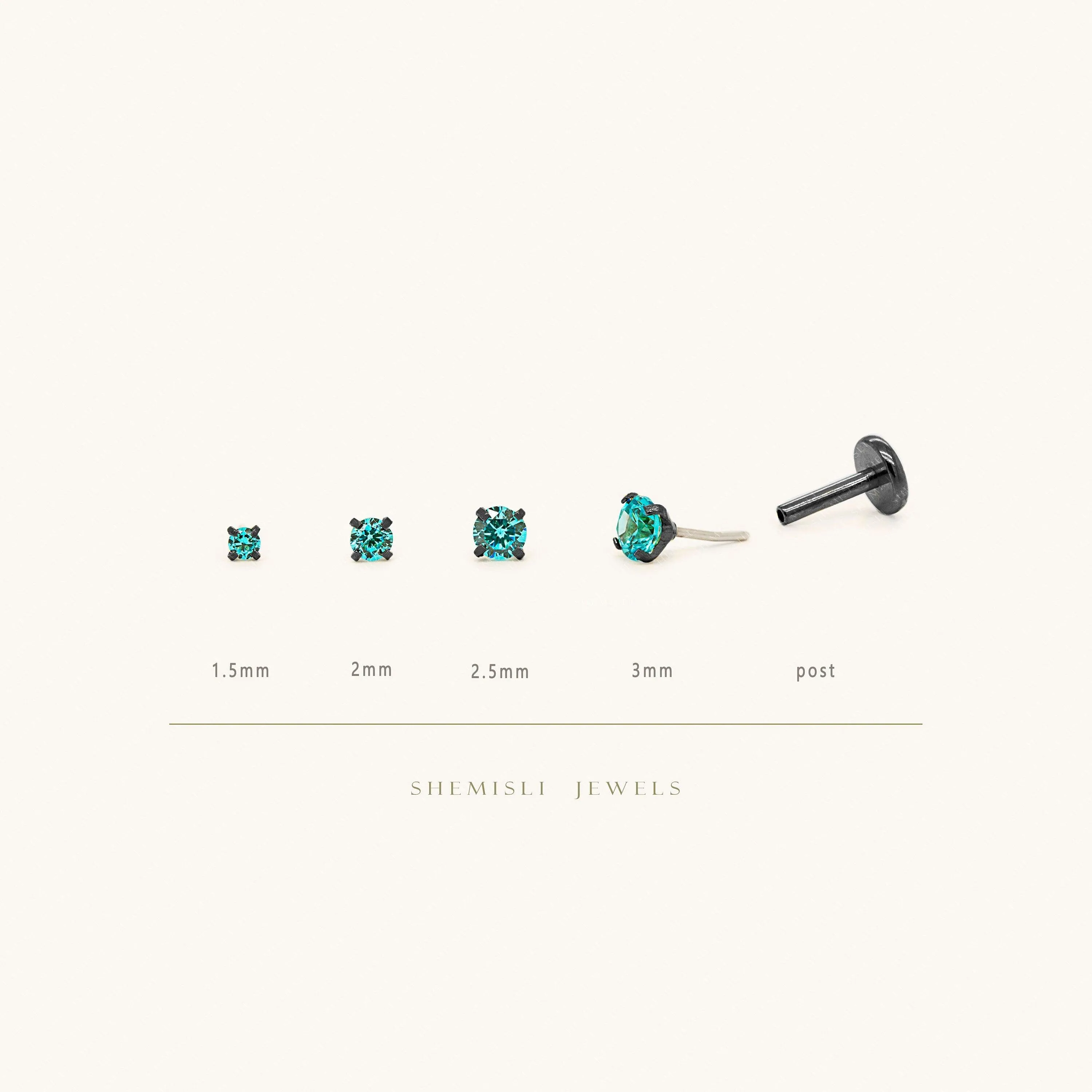 Tiny Blue Zircon Black Threadless Flat Back Earrings, Nose Stud, December Birthstone, 20,18,16ga, 5-10mm, SS629 SS630 SS631 SS632