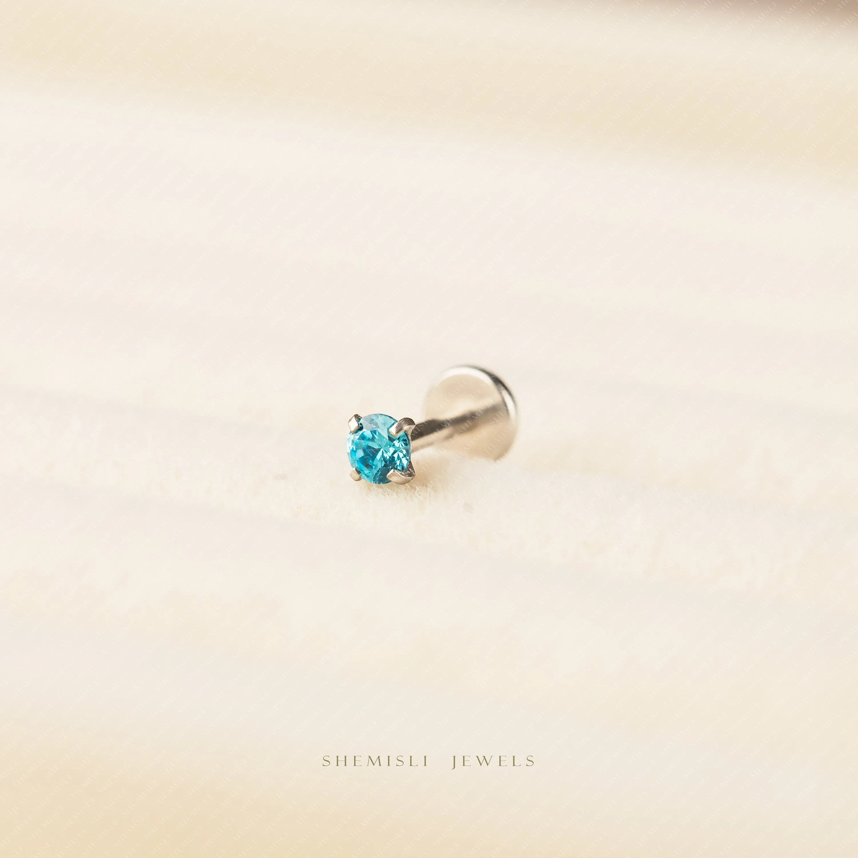 Tiny Blue Zircon Threadless Flat Back Nose Stud, December Birthstone, 20,18,16ga, 5-10mm, Unisex, Surgical Steel SS631