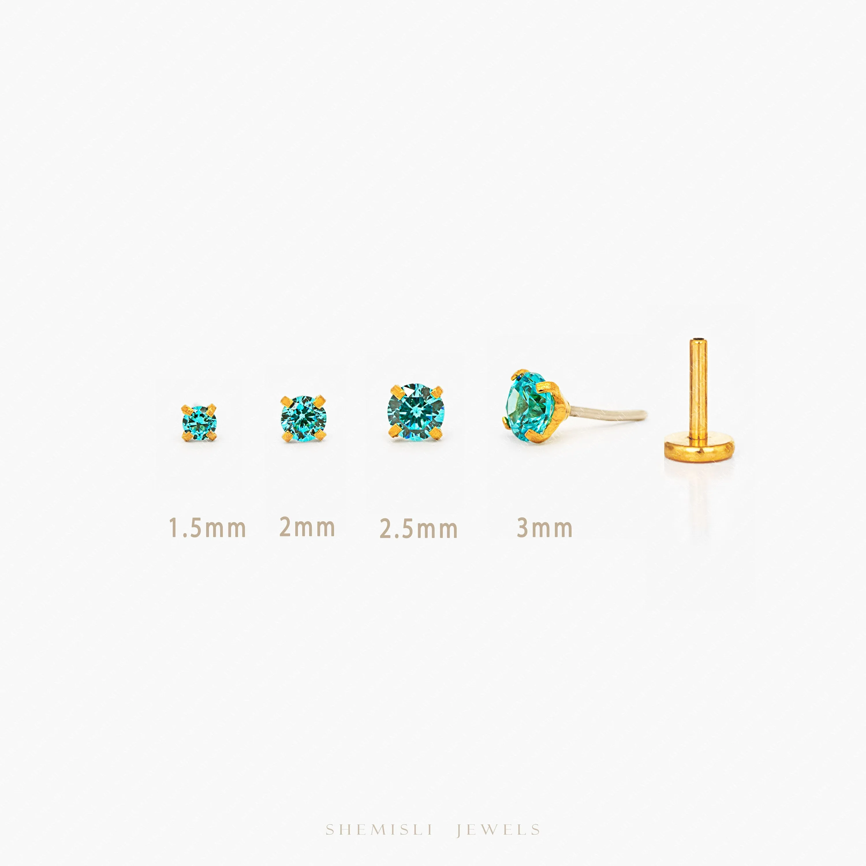 Tiny Blue Zircon Threadless Flat Back Nose Stud, December Birthstone, 20,18,16ga, 5-10mm, Unisex, Surgical Steel SS631