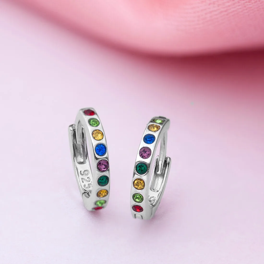Tiny Rainbow Stone Hoop 925 Silver Earrings