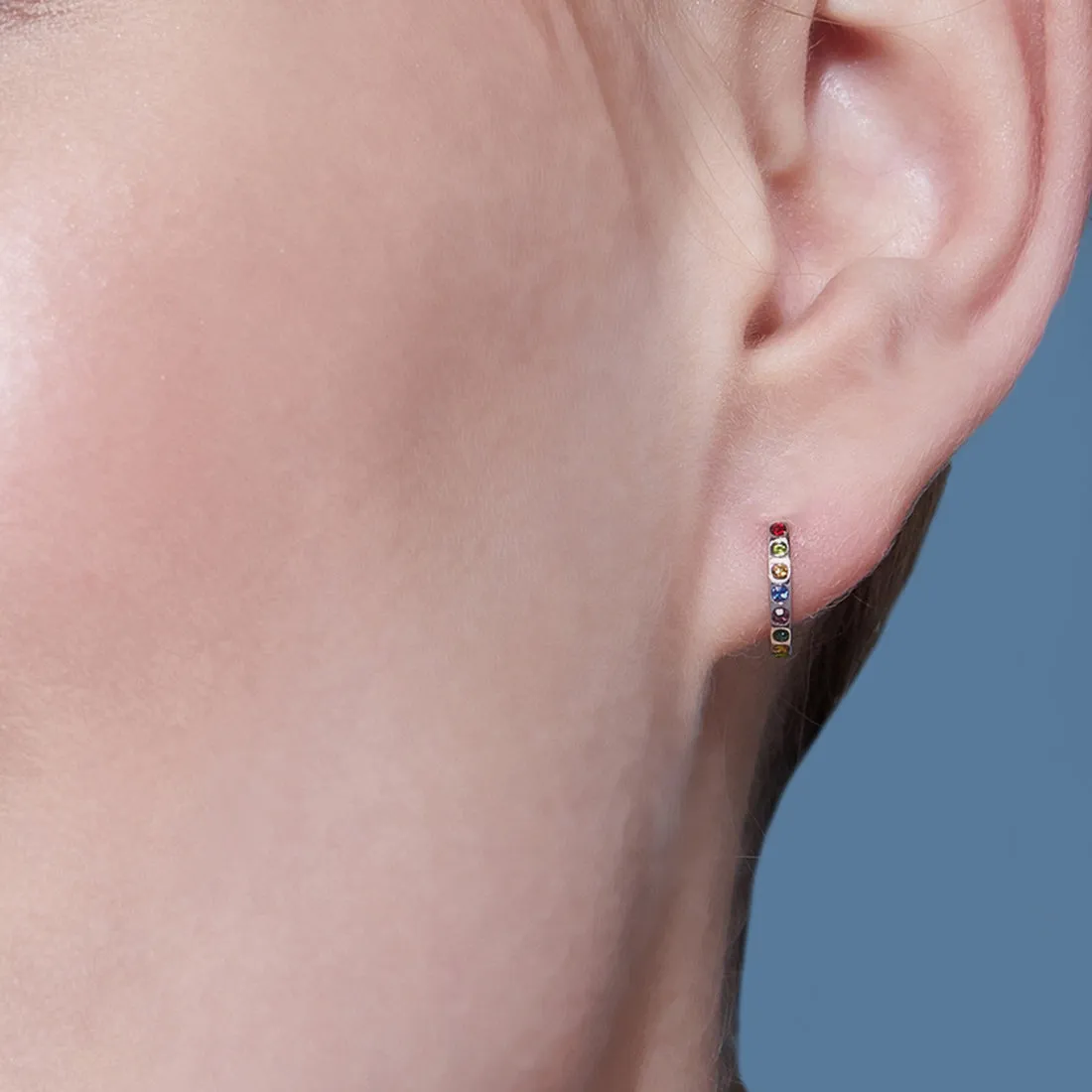 Tiny Rainbow Stone Hoop 925 Silver Earrings