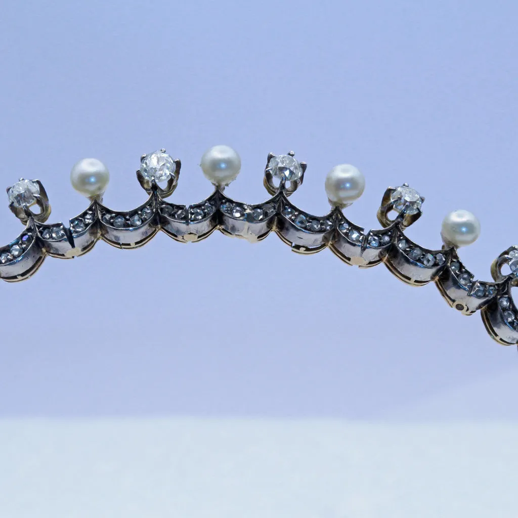 Victorian Tiara diamonds natural pearls gold silver GIA antique hair (7411)