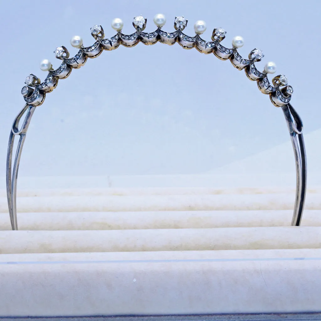 Victorian Tiara diamonds natural pearls gold silver GIA antique hair (7411)