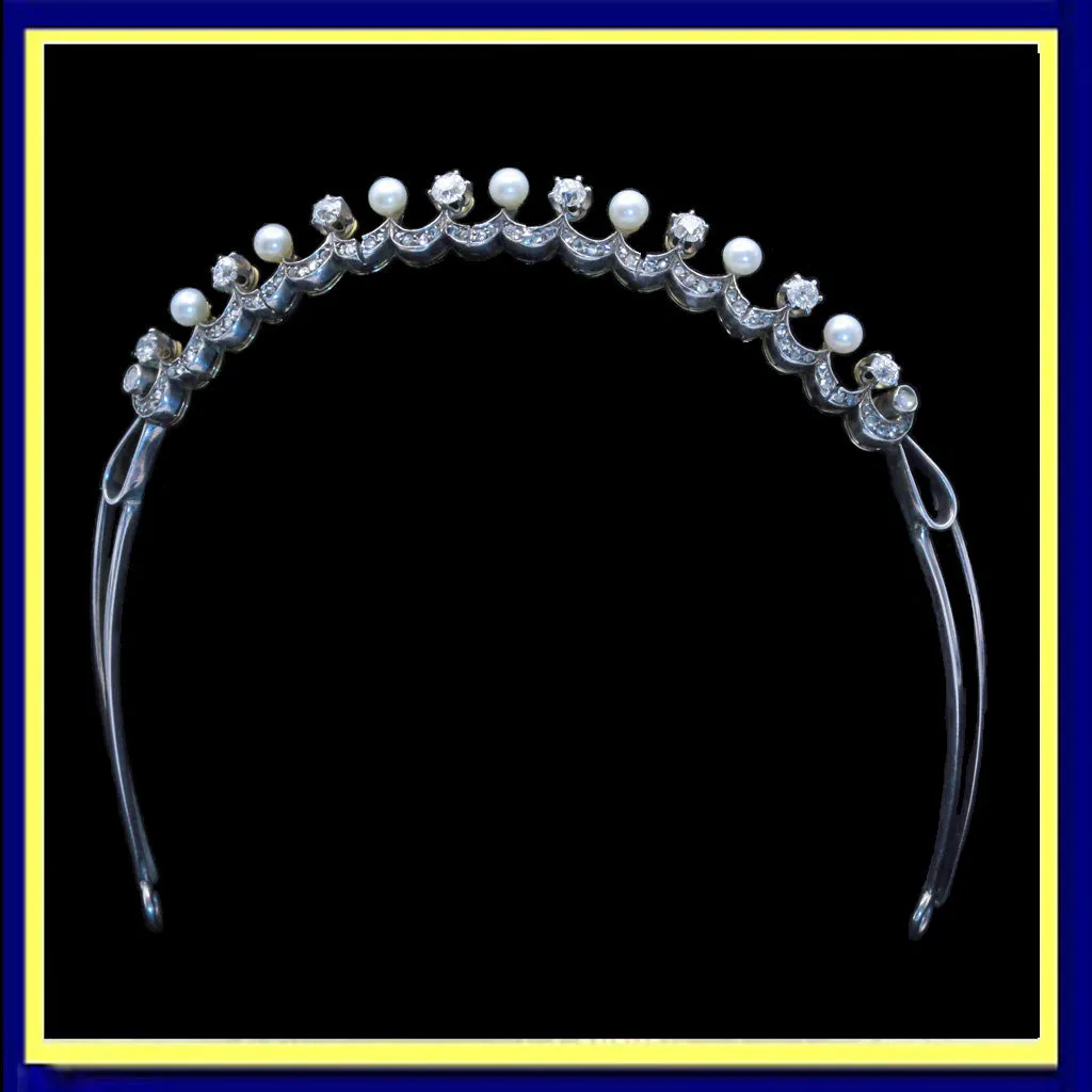 Victorian Tiara diamonds natural pearls gold silver GIA antique hair (7411)