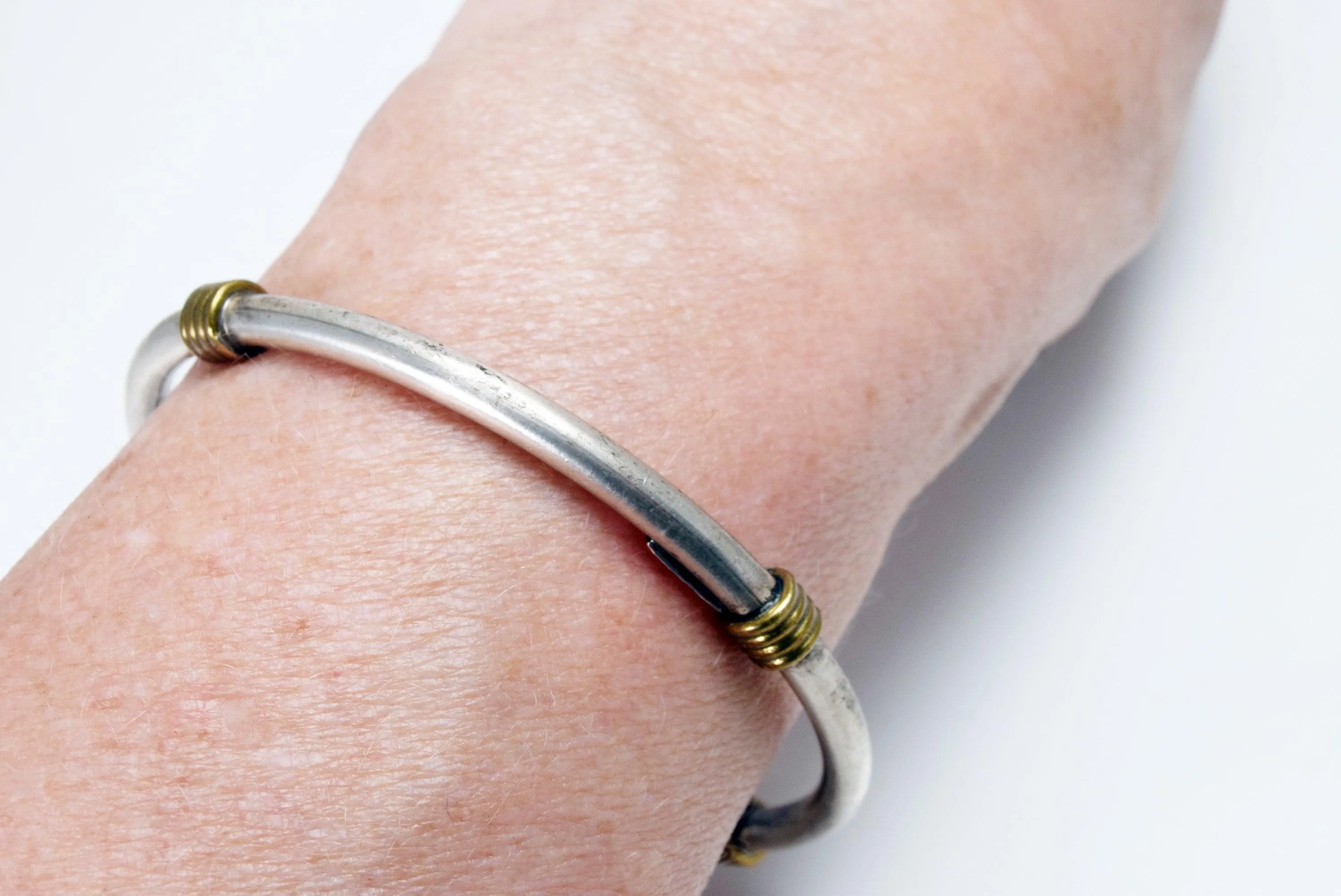 Vintage Two Tone Mexican Bangle Sterling Silver and Brass
