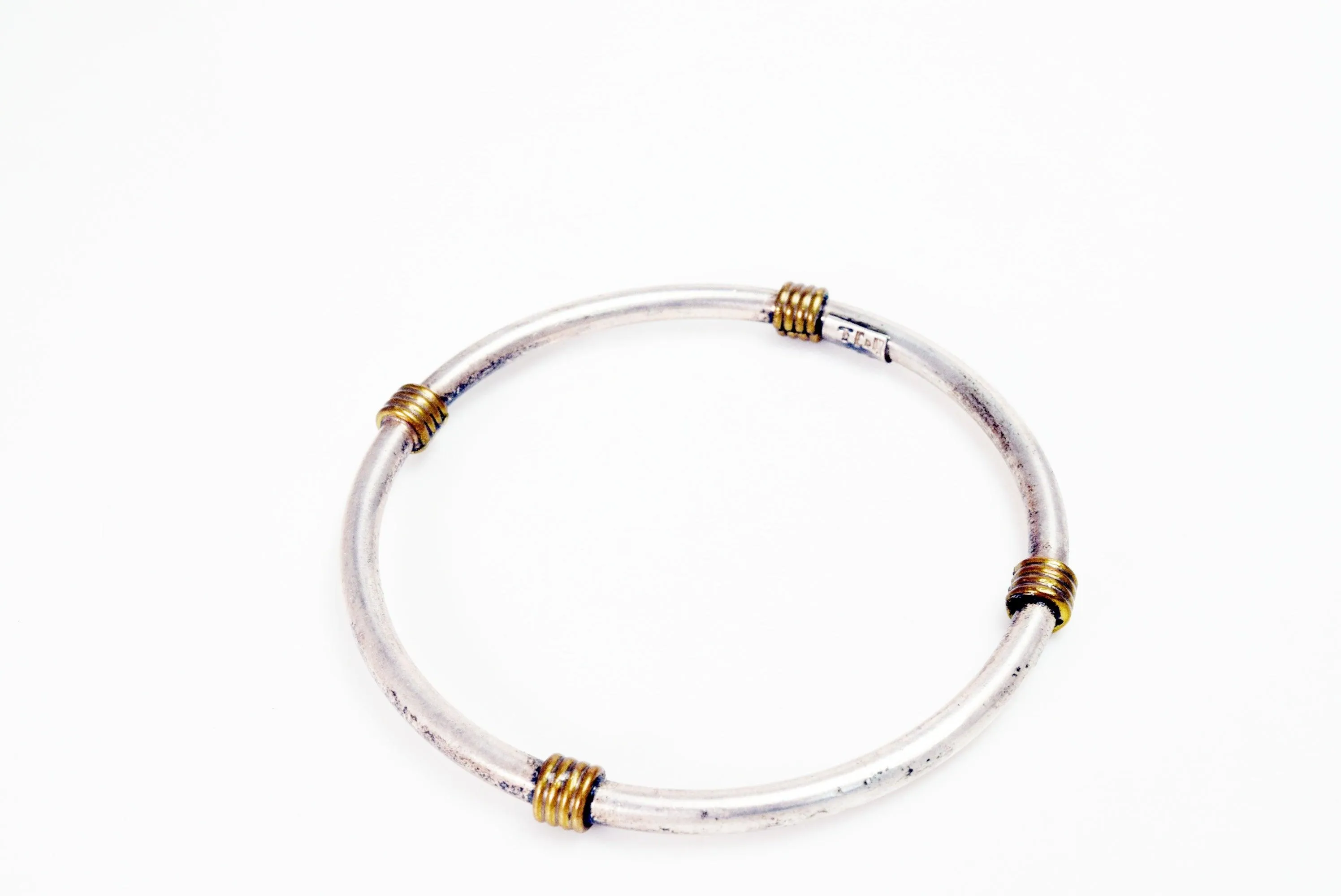 Vintage Two Tone Mexican Bangle Sterling Silver and Brass