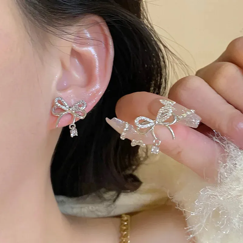 Y2K Bowknot Zircon Stud Earrings for Women Fashion Korean Silver Color Pink Crystal Personality Earring Girl Party Jewelry Gifts