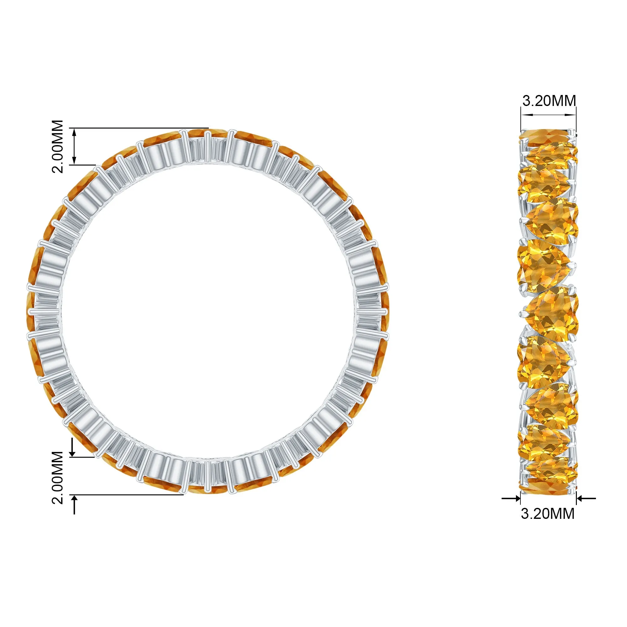 Yellow Heart Cut Citrine Eternity Ring in Claw Setting
